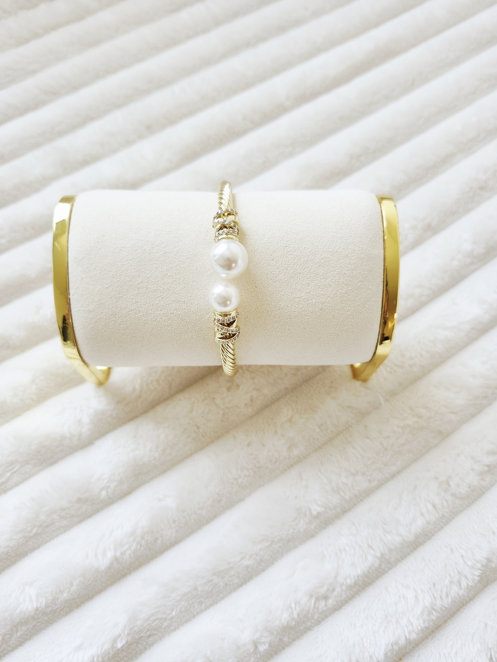 Gold Tone Cable Cuff Bracelet Double Faux Pearl Ends Pave Crystal Accents